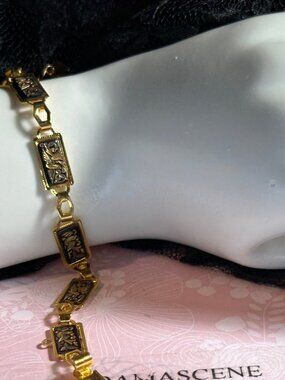 Vintage Damasquinado De Oro Gold 18k Gold Foil Art Spanish Links Bracelet